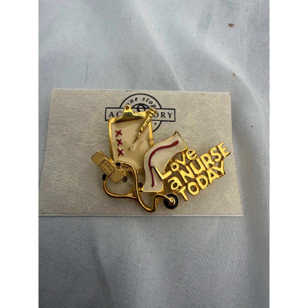 One Stop Accessory Love a Nurse Today Brooch Gold Tone Enamel Medical Pin